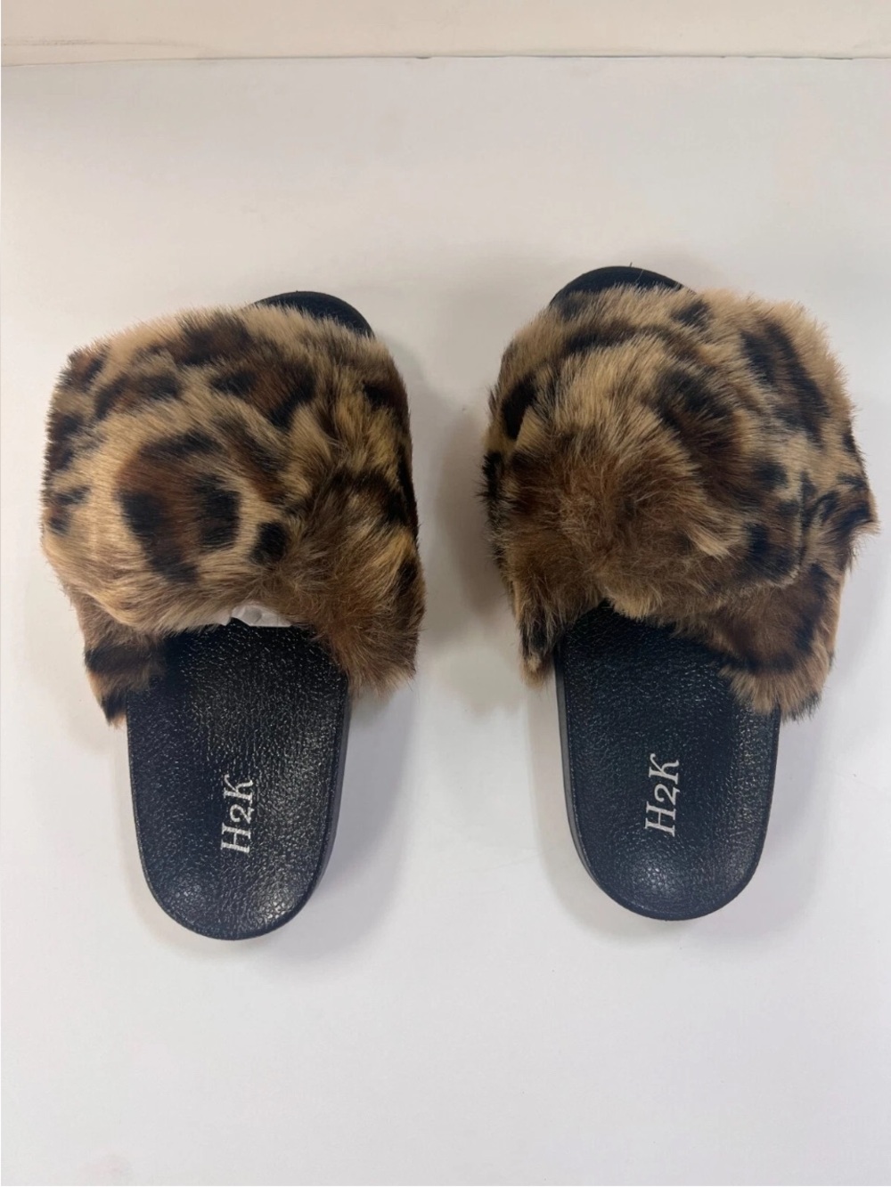 H2K Leopard Faux Fur Slide Sandals for Women - Brown